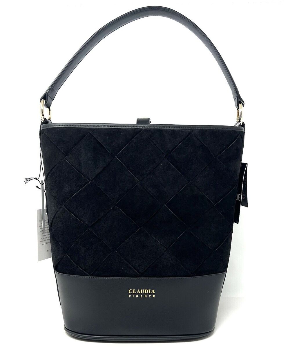 Claudia Firenze Suede Bucket Shoulder Bag Woven Purse Black Italian Leather NWT